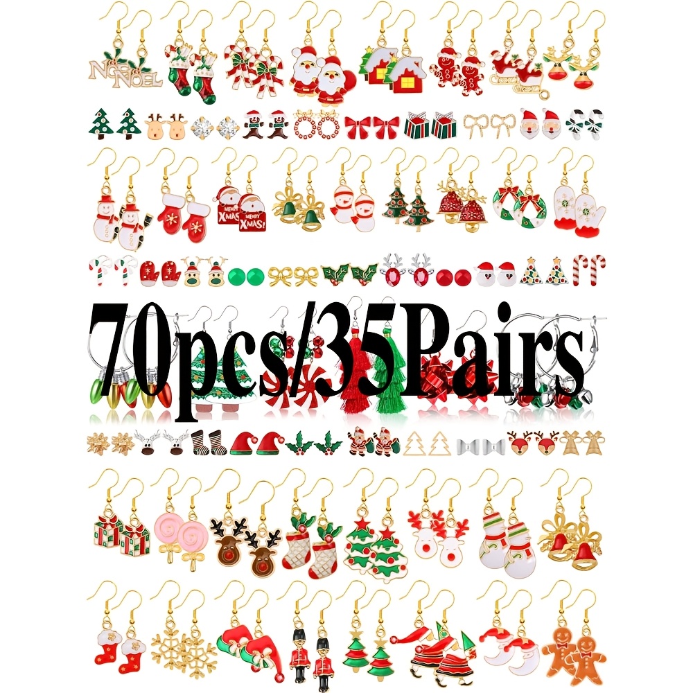 TEMU 70pcs/35pairs Christmas Earrings For Women, Bulk Christmas Gift Holiday Dangle Earrings Cute Xmas Stud Earrings Set Christmas Party Jewelry