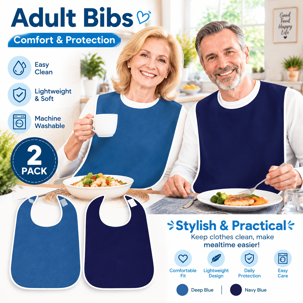 TEMU 2pcs Adult Bibs Light Blue And Gray, Navy And Dark Blue Unisex For Adults And