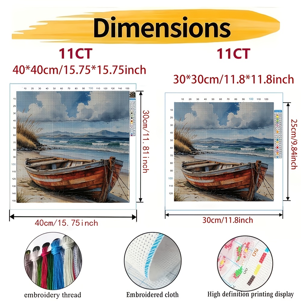 DIY Beach Wooden Boat and Ocean Waves Cross-Stitch Kit