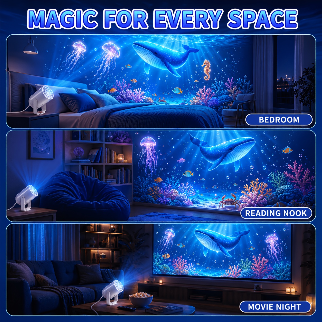 TEMU Hd Ocean Projector Light, 5 Sea Creatures Projection, 2-in-1 Projection Night Light, 360-degree Adjustable, Low Blue Light --friendly, Usb Plug