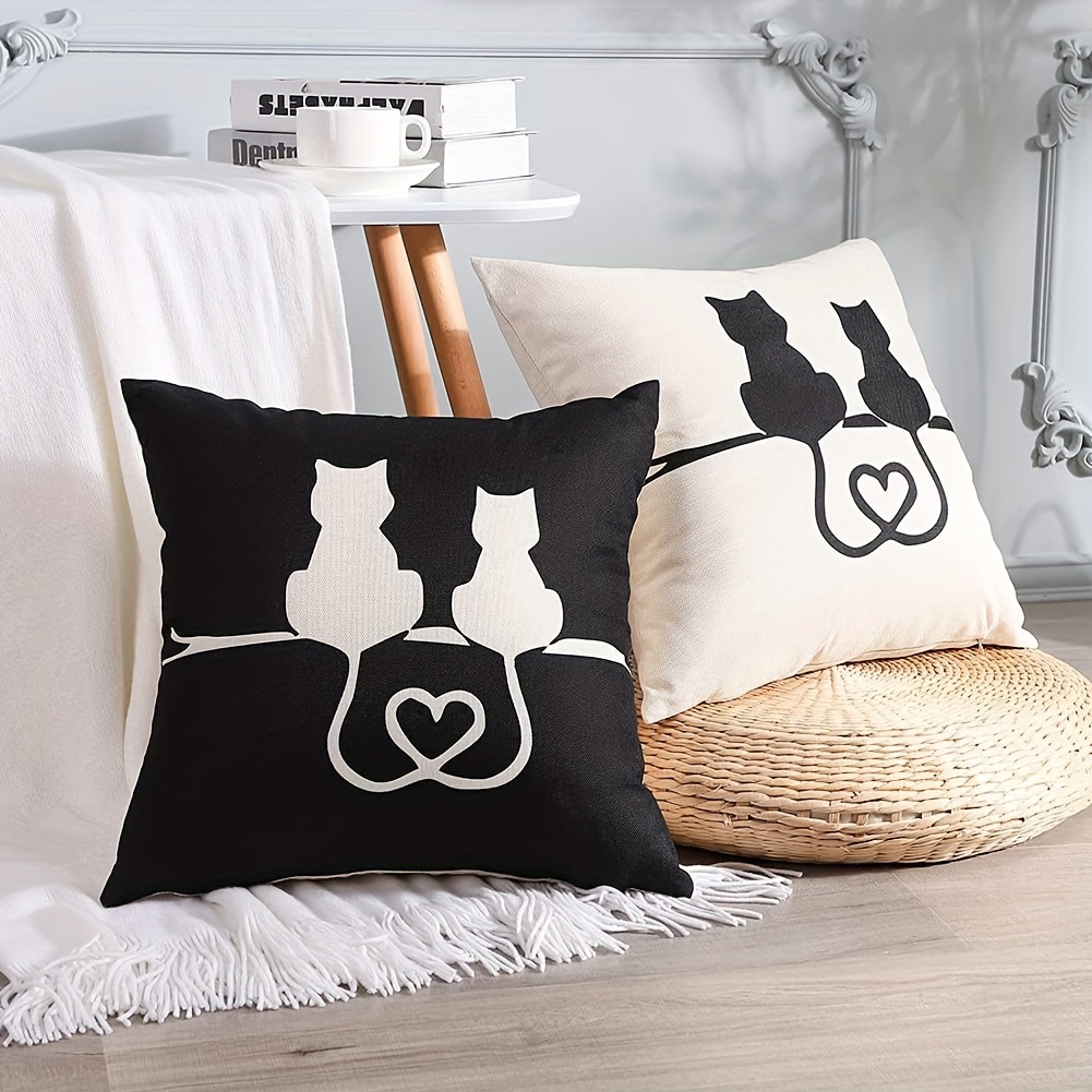 

2 Pieces Black And White Cat Linen Throw Pillow Covers, Single-sided Print, Suitable For Living Room Sofa, Car Seat, And Chair, 17.71 Inch, Without Pillow Inserts