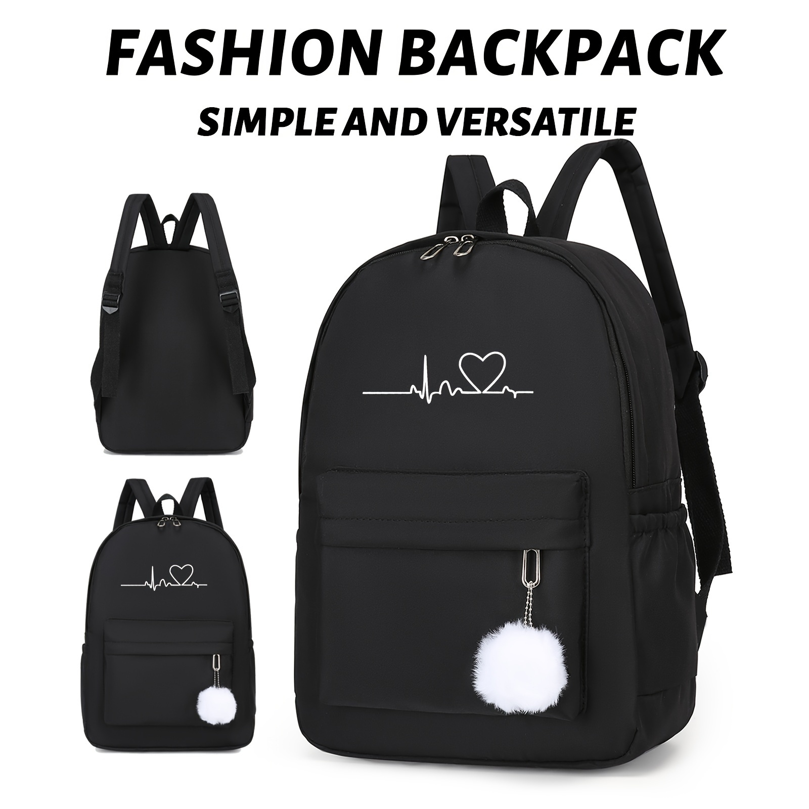 

Fashionable Black Backpack With Heartbeat Design - Perfect For Travel And Everyday Use
