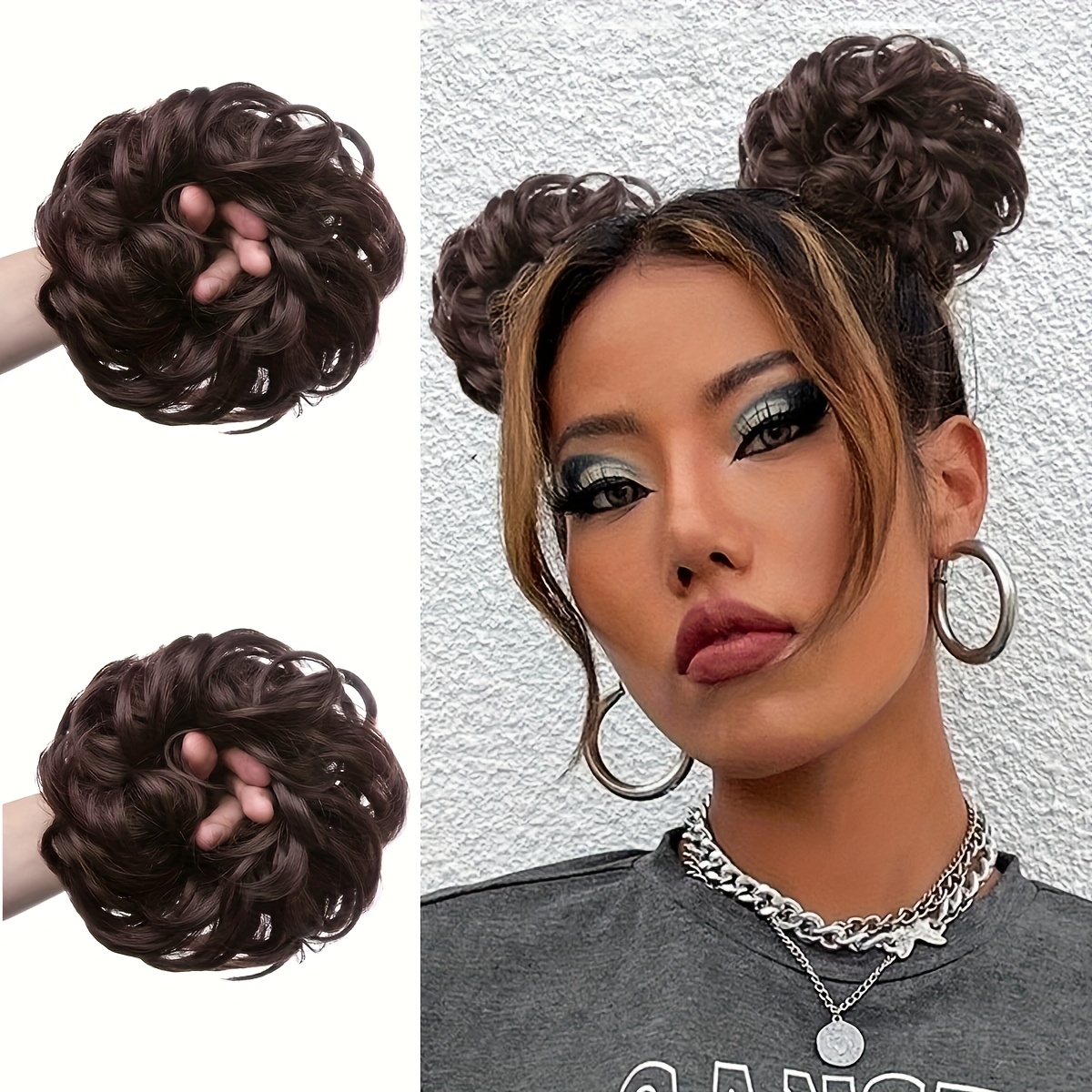 TEMU 2 Pezzi SARLA Basics Corto Ricci Sintetico Ciambelle Disordinati per Donne Capelli Finti Voluminosi con Clip Styling a Caldo Estensioni Capelli