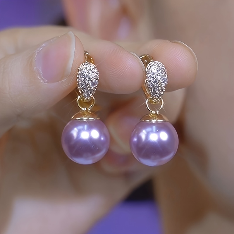 TEMU 1 Pair Of Luxurious And Exquisite Purple Artificial Pearl Pendant Earrings For Women, Fashionable And Versatile Earrings, Sparkling Synthetic