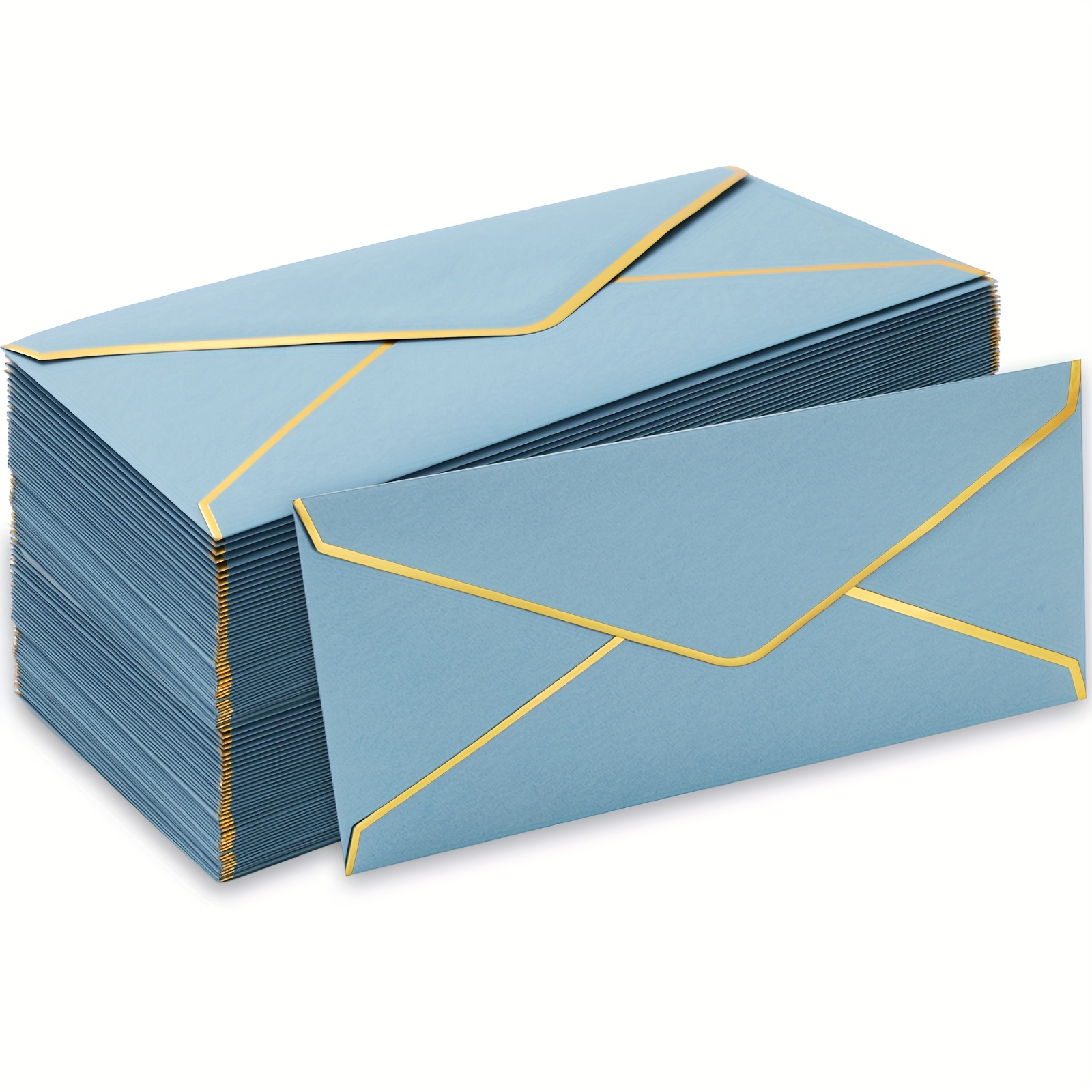 50pcs Elegant Dusty Blue Business Envelopes with Golden Border - V-Flap Design for Invitations, Mailing Letters &amp; Checks, 12.19 x 23.11 cm, Perfect for Business &amp; Personal Use, Stationery Supplie