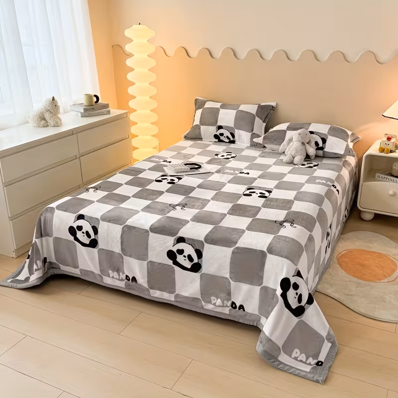 plush flannel throw blanket coral fleece gray checkered design with adorable panda patterns warm comfortable for couch bed or sofa machine washable use Product details 6