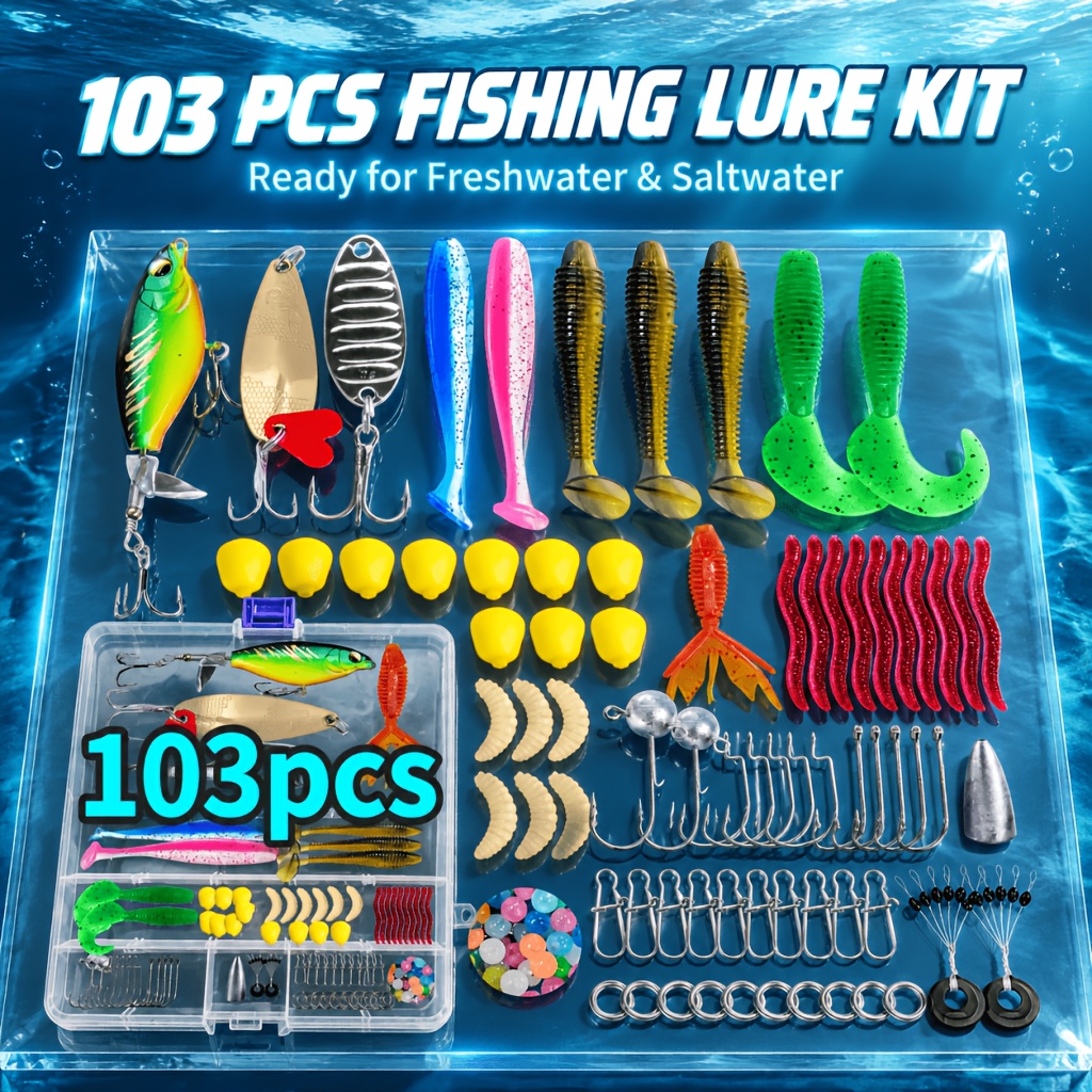 TEMU Set esca da pesca multifunzionale con scatola portaoggetti portatile a scomparti - Esche complete rigide/morbide, esche tipo Minnow adatte per
