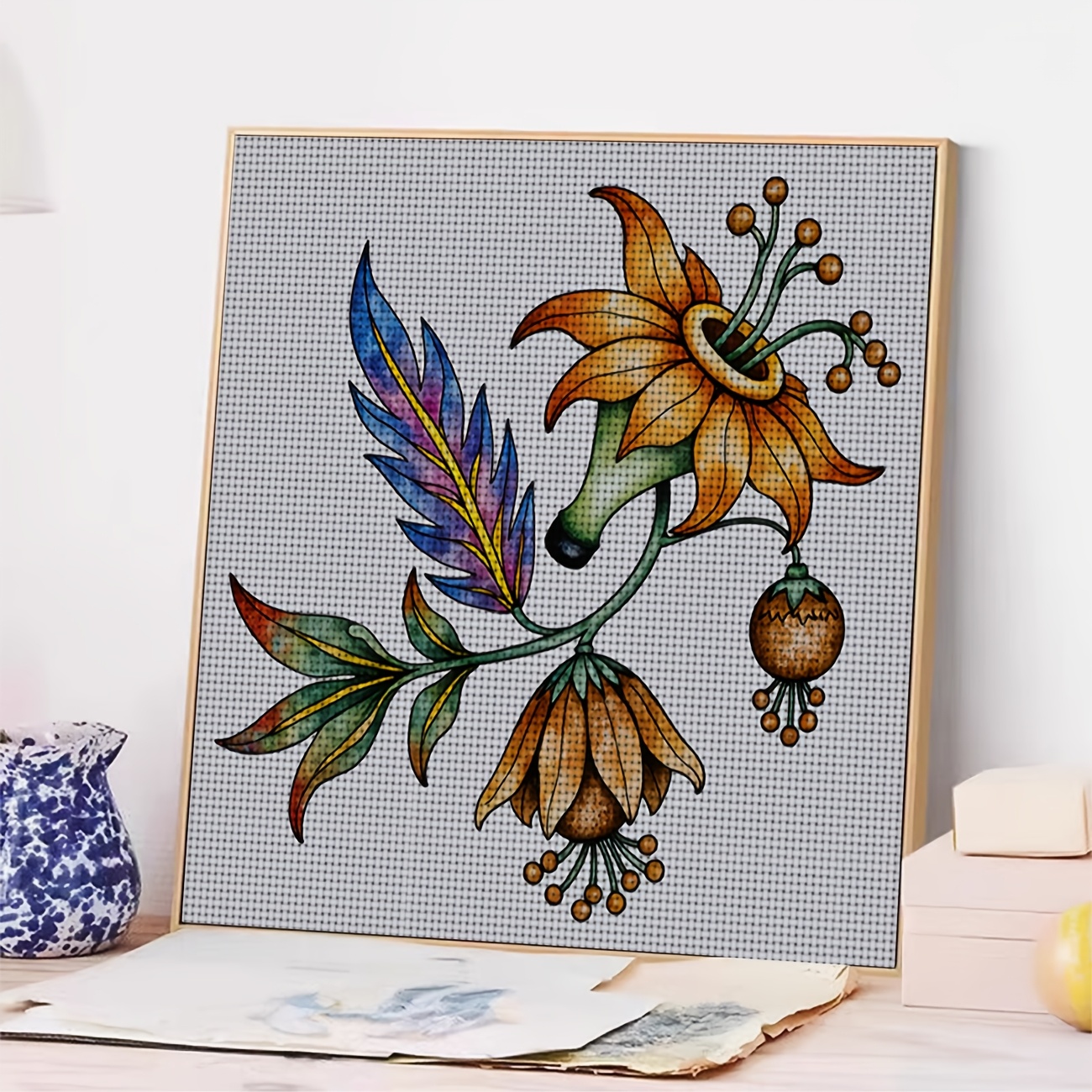 Cross Stitch Printed Kit, Frameless, Colorful Flowers with Feathers Design