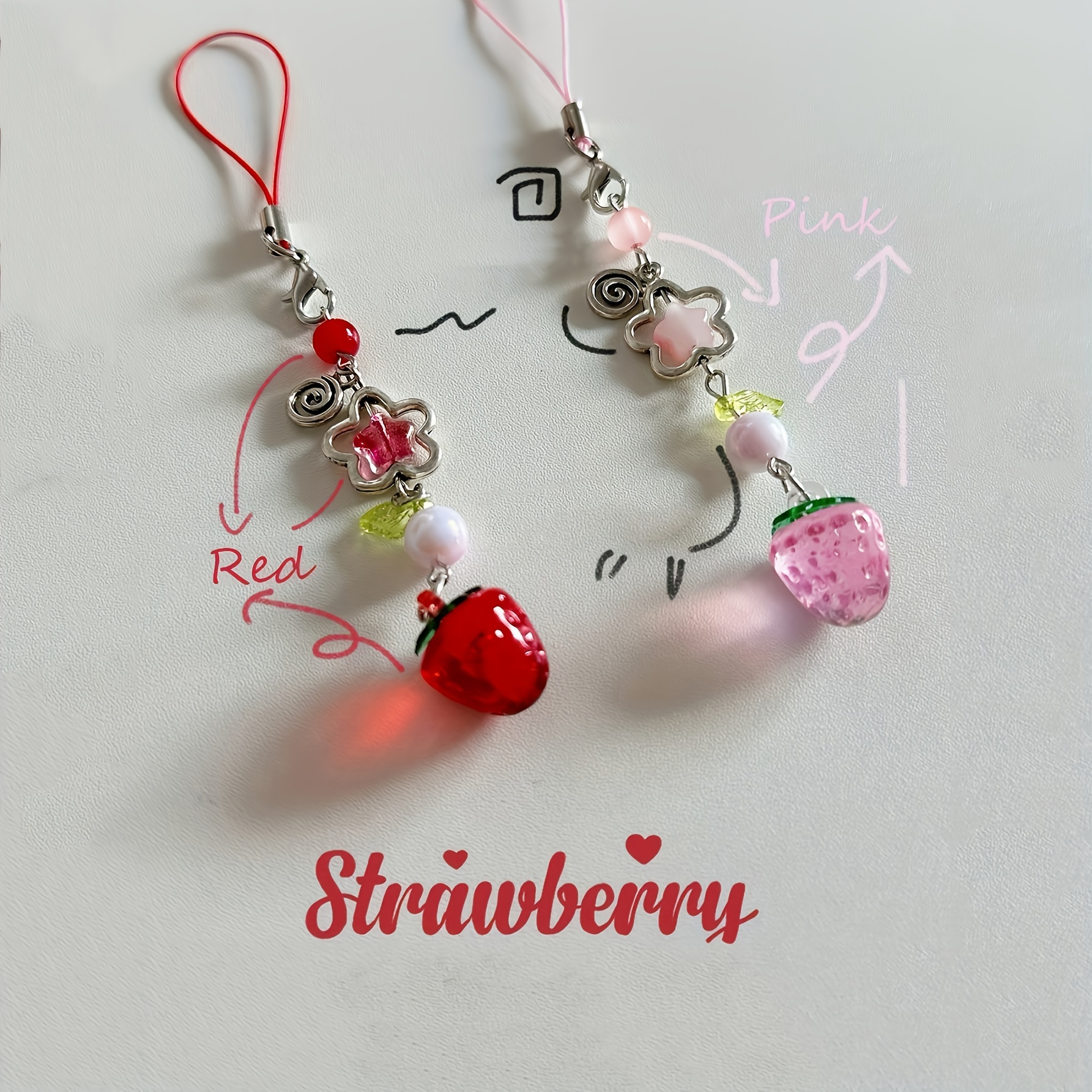 

2pcs Y2k Style Cute Strawberry & Heart Flower Phone Chain/ccd Camera Strap Pendant For Women Girls