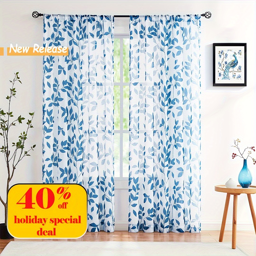 2pcs leaf printed   sheer curtain rod pocket window treatment for bedroom office   room study home decor details 1