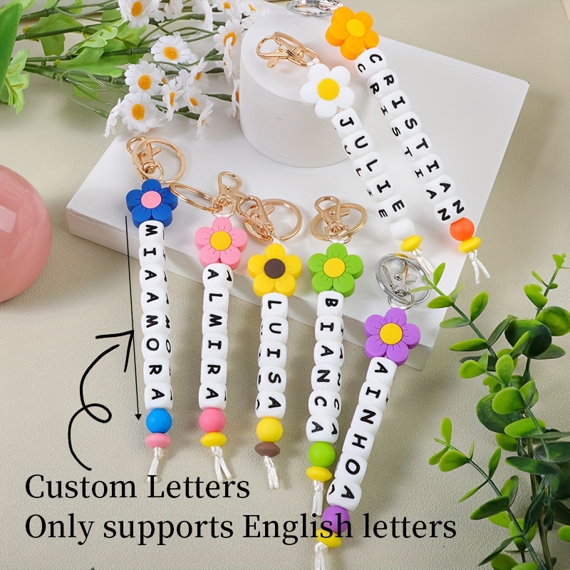 

Customizable Silicone Beaded Keychain With Flower And Alphabet Charms, Lobster Clasp, Personalized Name Keyring For Backpacks, Decorative Birthday Gift Accessory - Single Piece