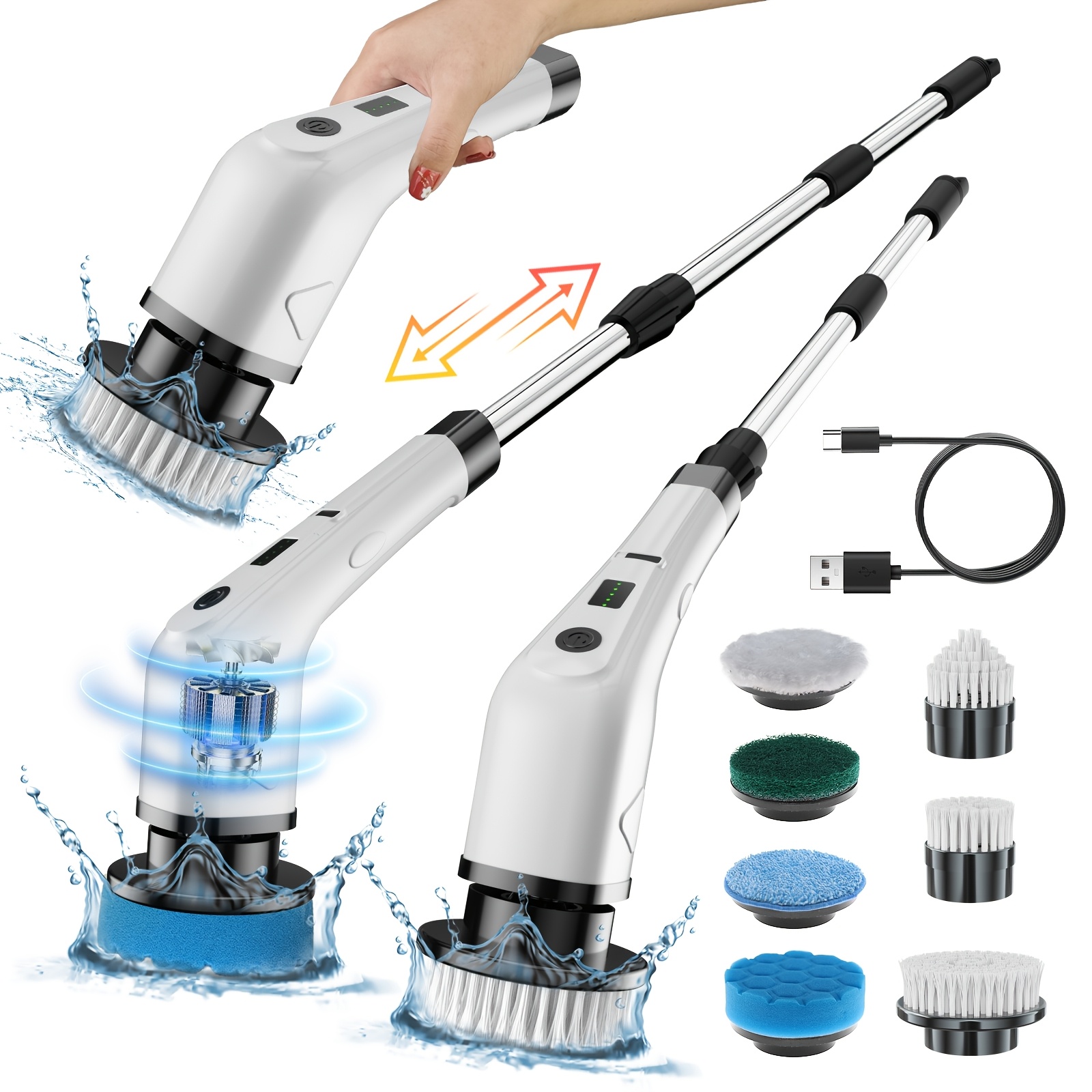 TEMU 2026 New Versatile Electric Cleaning Brush, Extendable Long Handle 7-in-1 Cleaning Tool, Household Floor And Kitchen Sweeper