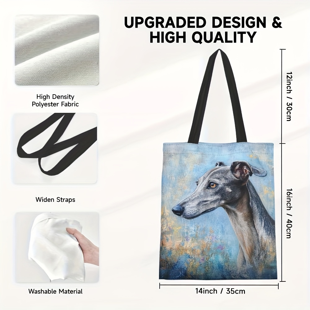 TEMU 1pc Artistic Greyhound Large Capacity Tote Bag – Foldable, Machine Washable, Reusable Shopping & Grocery Bag With Black Handles For Daily