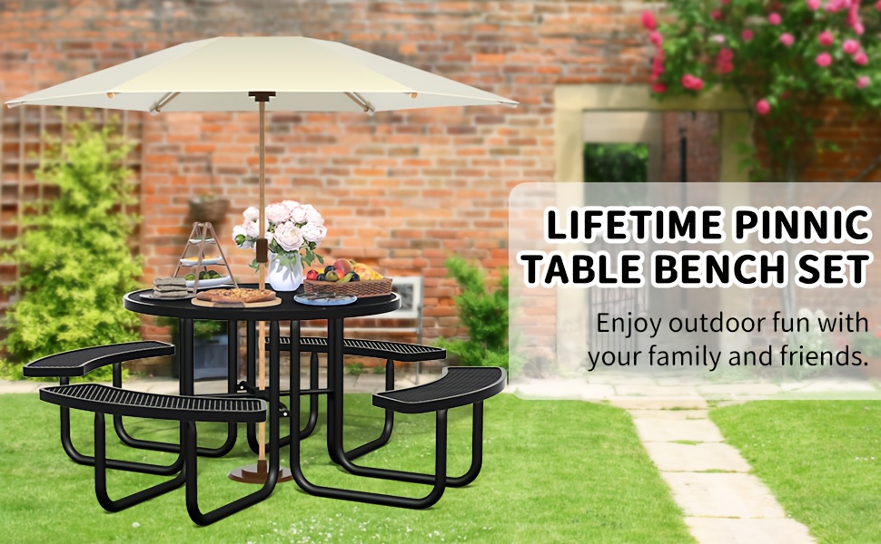 Heavy Duty Outdoor Metal Table and Bench Set Compatible for - -Weather Coated Steel Frame & Plastic Tabletop, Easy Assembly Outdoor Furniture for Park, Patio, Playground, School, Campsite - & Low Maintenance