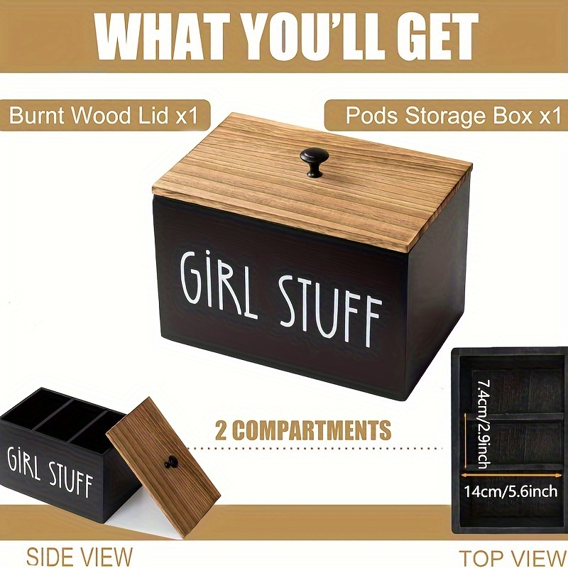 

Classic Wood Bathroom Storage Box With Lid, 2-compartment Cotton Swab Organizer, Feminine Hygiene Product Holder - 1pc