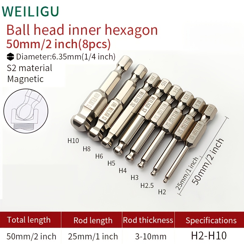 Image of 8pcs Weiligu Magnetic Ball Head Hex Key Bits | S2 Steel, Electroplated, Anti-rust, 25° Tilt, 2-inch Long, Fits M2.5-m12 Hex Screws, Ideal For Home Installation In Tight Spaces