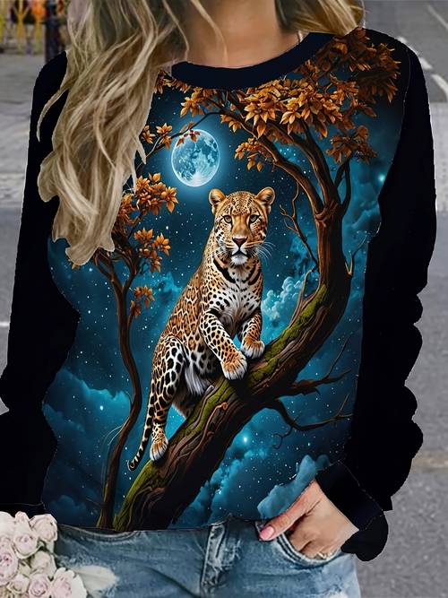 leoparden-sweatshirt mit rundhalsausschnitt und grafik auf einem baumzweig - 100 % polyester, lässiger allover-print, strickstoff-pullover für alle jahreszeiten