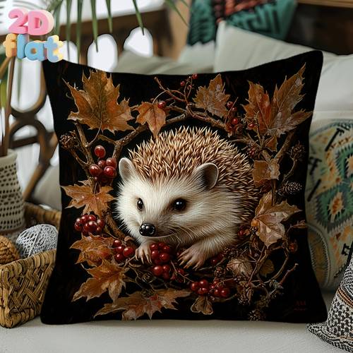 1pc pillowcase autumn hedgehog and berries pattern soft and comfortable polyester short plush fabric single sided print pillow insert not included multiple sizes 18x18 inches 16x16 inches machine washable zipper closure