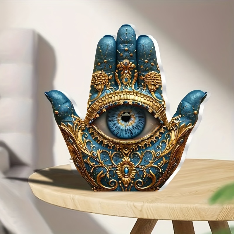 

1pc, Boho Acrylic Hamsa Hand Tabletop Sign, Eye Motif Decorative Plaque, Multipurpose, Waterproof, Solvent Resistant, For Home, Room, Cafe, Office Desk, English Language, Creative Gift