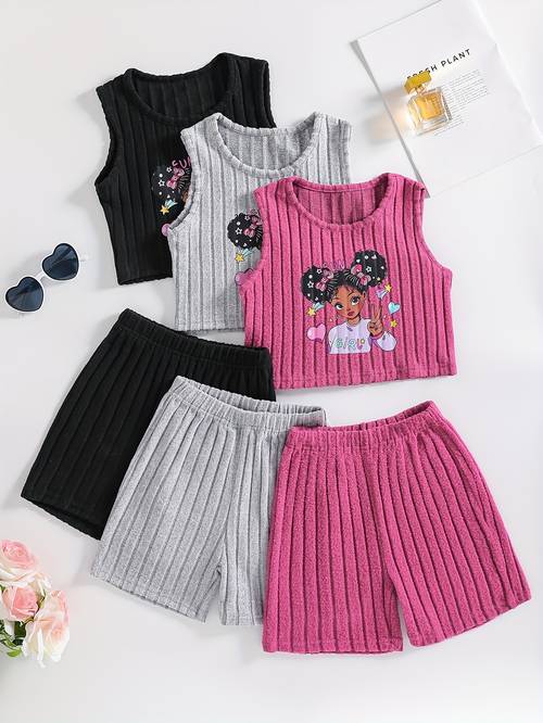 a 6pcs girls outfit set featuring a creatively designed summer outdoor print ribbed tank top and elastic waist casual shorts summer wear for outdoor