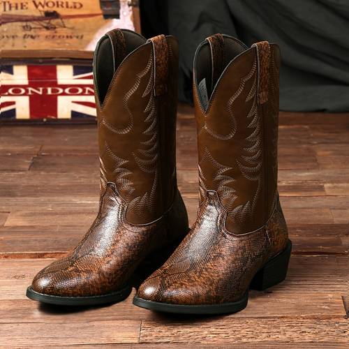 mens cowboy boots classic embroidered western boots pointed toe chunky heel ankle boots durable stylish retro short boots