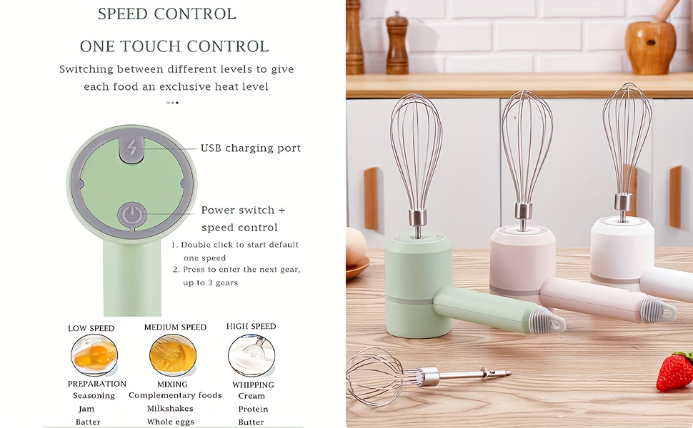 1pc Hand Whisk Electric 3 Speed Handheld Mixer 30W,Two Whisk Mount for Eggs, Cream, Batters, Wireless & RechargeableSuitable for Kitchen and Outdoor Use Gifts Can Be Given as Gifts