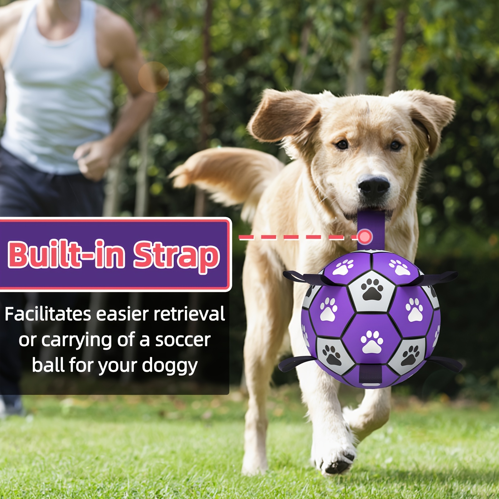 durable rubber dog soccer ball with straps interactive chew resistant pet toy for all breed sizes purple black with paw print design indoor outdoor play training dog ball toy large   4
