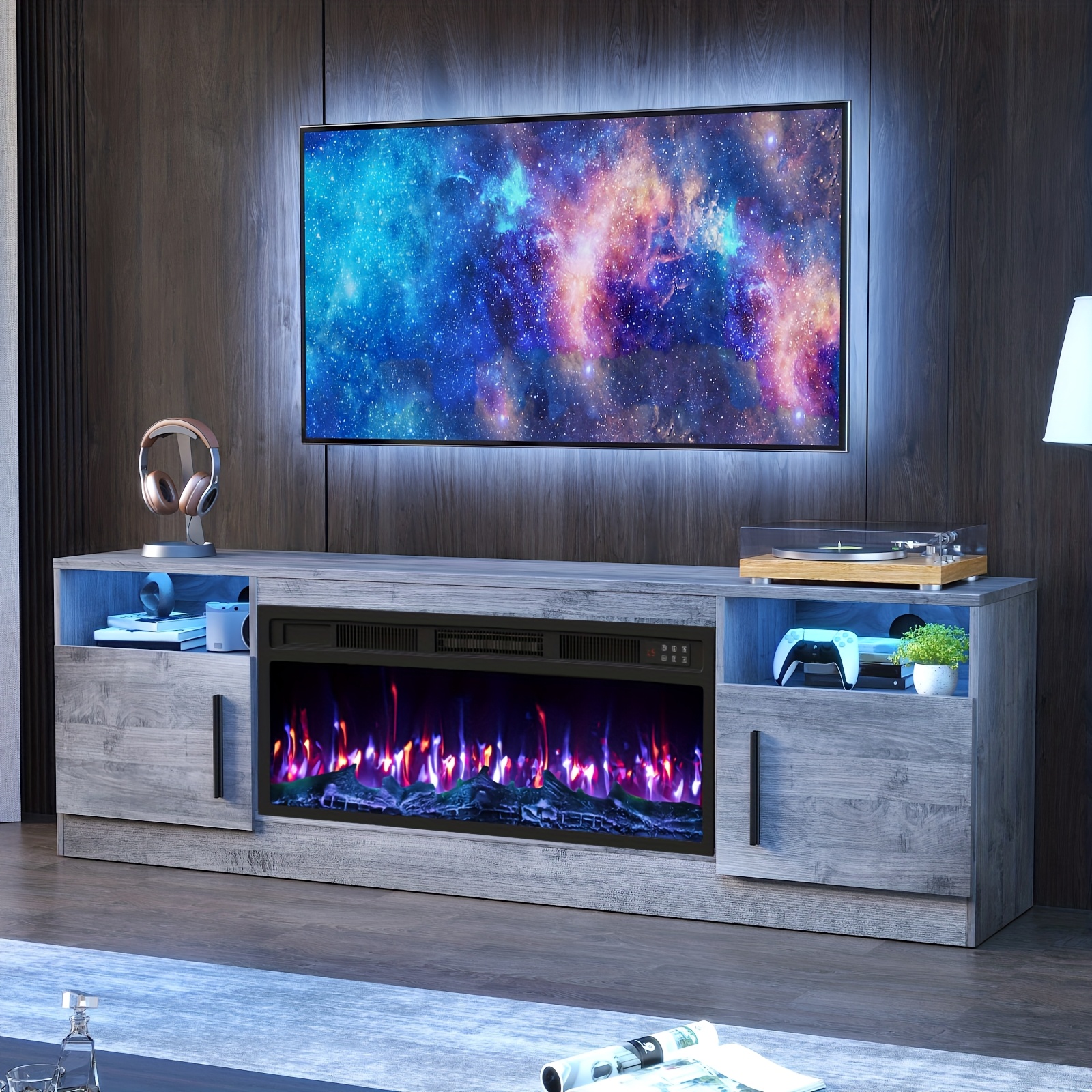 TEMU Fireplace Tv Stand With 36" Fireplace Up To 80" Tvs, 70" Modern Wood High Gloss With Highlight Storage Cabinet, Led Light Entertainment Center With Storage Cabinets For Living Room