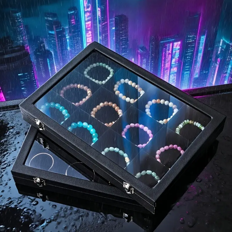 12 slot black leather jewelry box bracelet organizer for beaded necklaces rings earrings artificial handmade storage display case with desktop decoration Product details 1
