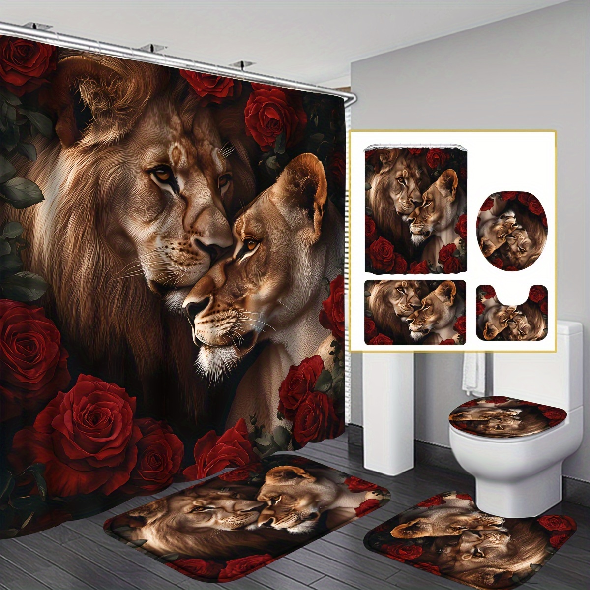 

4pcs Pattern Shower Curtain Sets Gifts, Bathroom Sets With Shower Curtain And Rugs, Waterproof Home Bathroom Decoration And Toilet Floor Mats 3pcs Set With 12 Shower Curtain Hooks