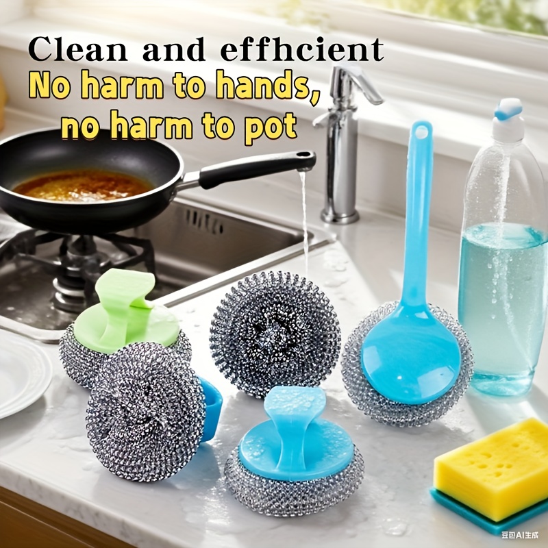 Estropajo de esponja de acero inoxidable con mango, cepillo de limpieza de cocina con almohadilla de fregado, bola de limpieza de alambre de acero nano para sartén antiadherente, desmontable, lavable, sin residuos y sin rayones