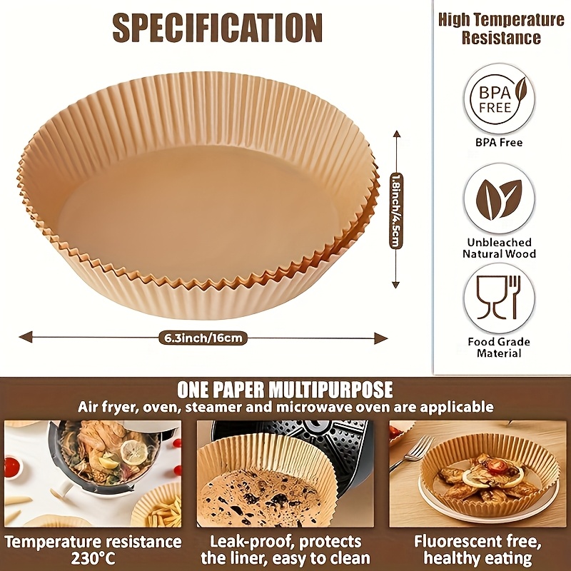 50 100pcs disposable paper lining for air fryer air fryer 6 3 7 inch lining for 2 8 qt non stick parchment for frying baking cooking baking and microwave ovens oil proof tray non stick silicone oil paper kitchen accessories Product details 1