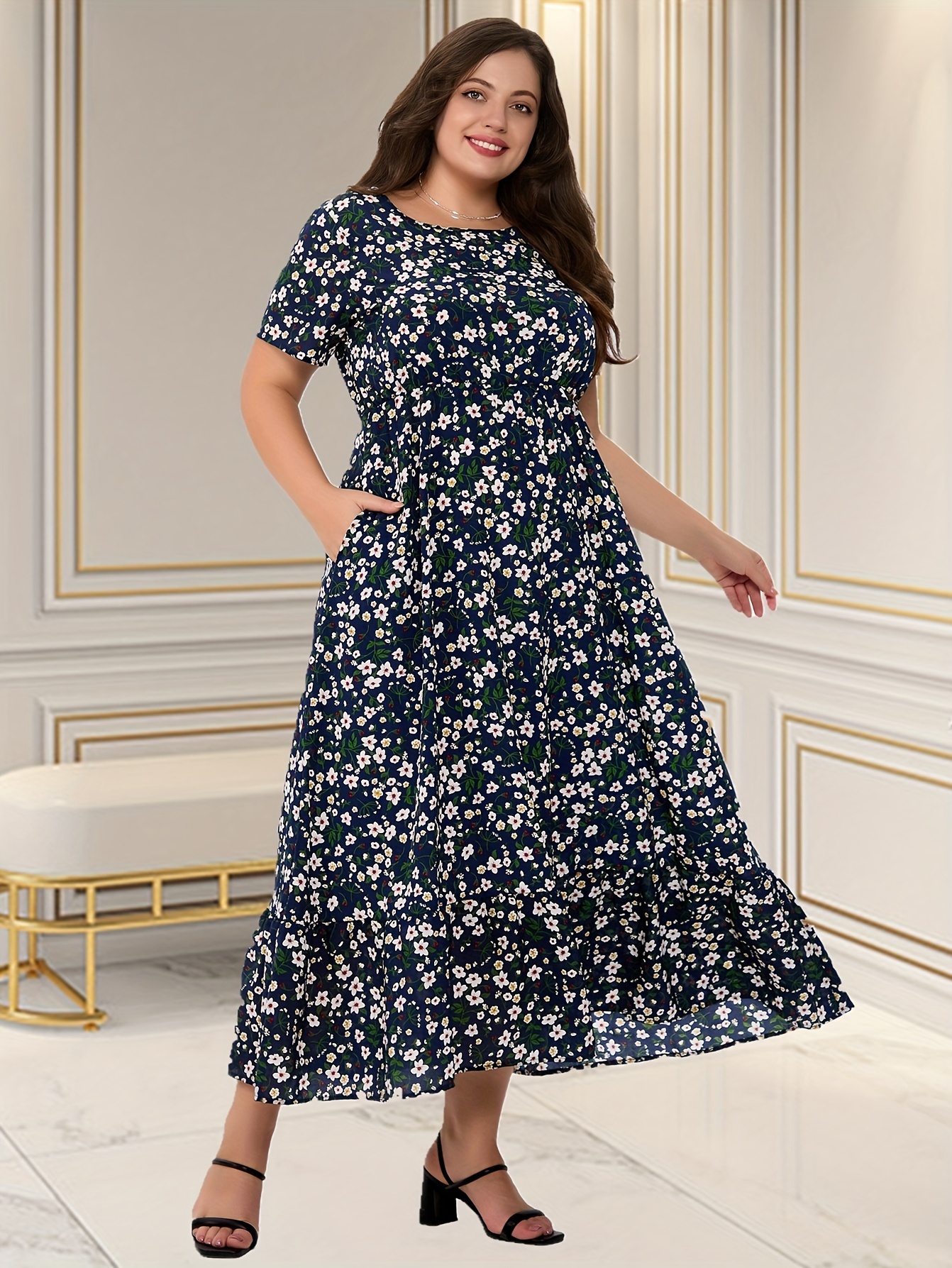 boho size floral maxi dress pockets casual round Temu United Kingdom