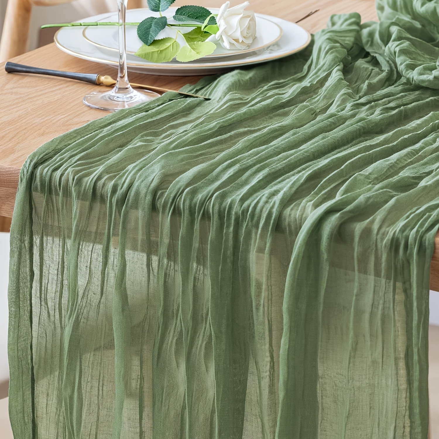 TEMU Chemin de pièce en tissu froissé, toile de fromage rustique bohème, chemin de table rose, chemin de table doré, chemin de table bleu, chemin de