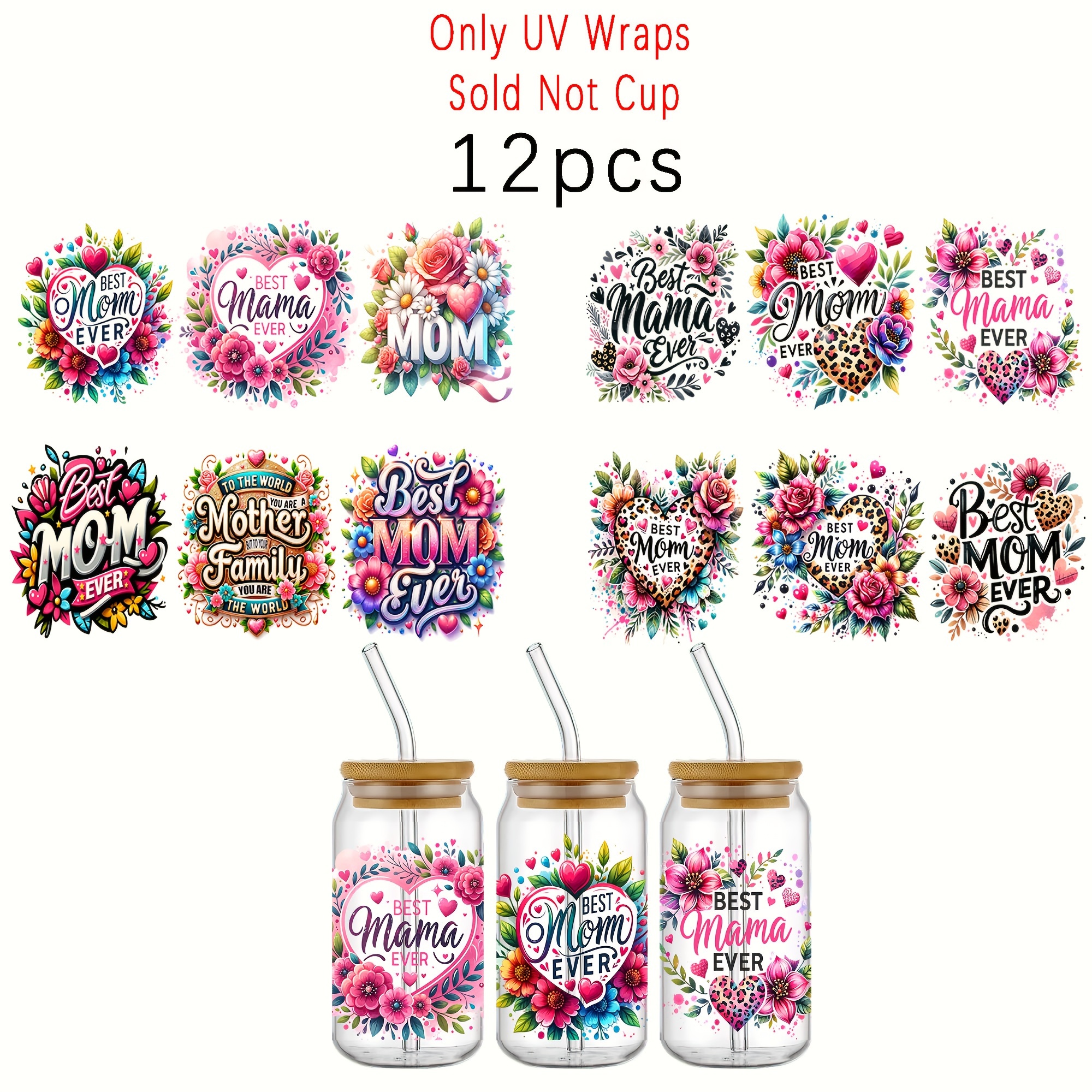 

12- Floral Stickers, -resistant Pvc Uv Dtf Adhesive Decals For Glassware & Bottles, High- Supplies