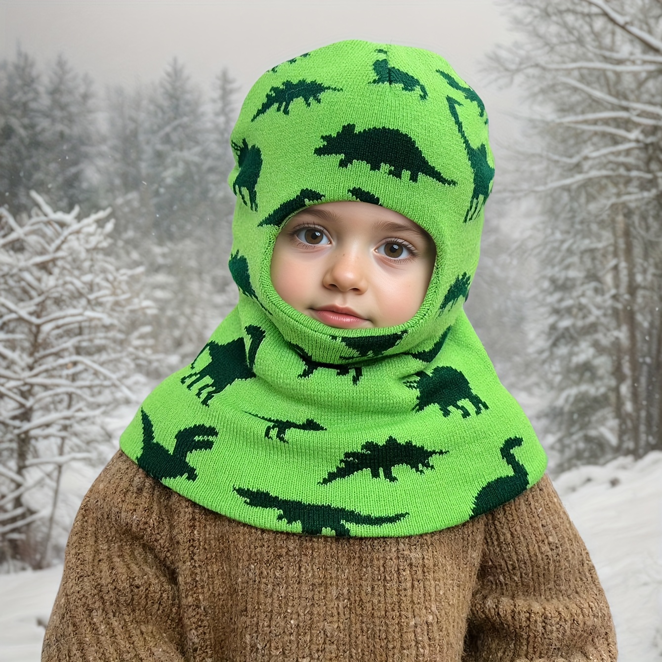 1pc boys dinosaur winter hat scarf   knit balaclava mask with green black blue white dino print warm face neck coverage for christmas new year   outfits lightweight   boys clothing ideal gift for dino