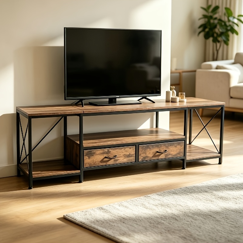 Image of 180cm Low-profile Tv Cabinet Suitable For Living Room - Rustic Brown Media Console With Drawers & Shelves, Long Farmhouse Entertainment With Storage, Assembly For Modern Or Traditional Homes