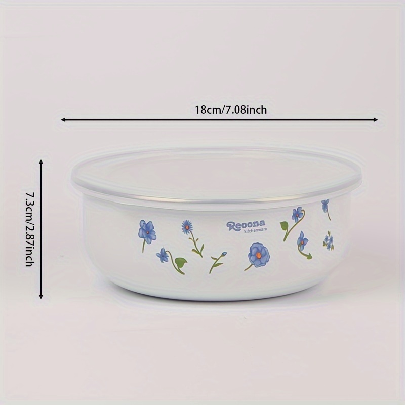 5pcs enamel salad bowl set with delicate strawberry blue floral design food storage containers durable kitchenware home picnic use