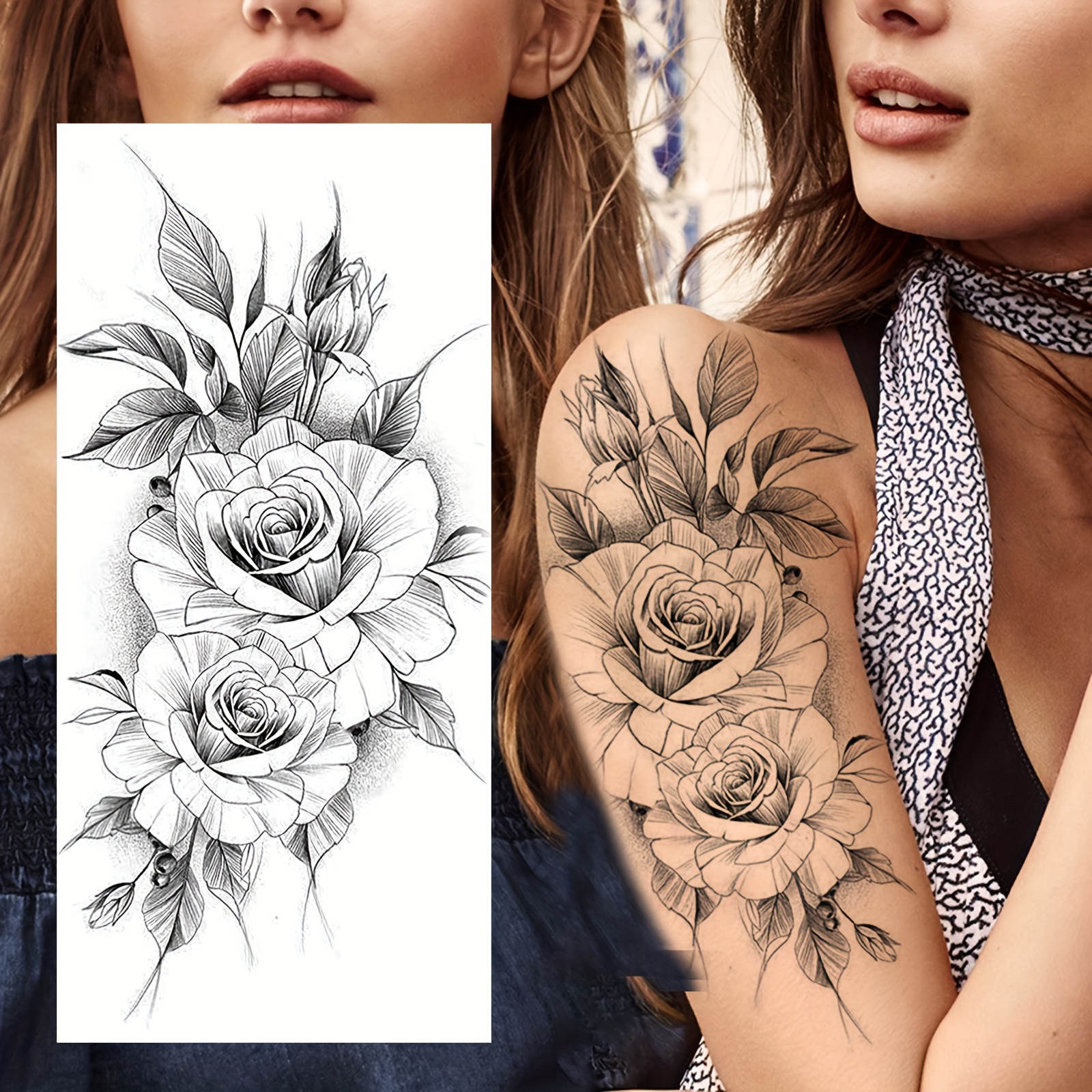 

Realistic Sketch Peony & Rose Temporary Tattoos For Women, 1 Sheet Waterproof Black Floral Body Art Stickers For Adult, Long-lasting Fake Sleeve Tattoos For Arm, Leg, Forearm - Oblong Shape