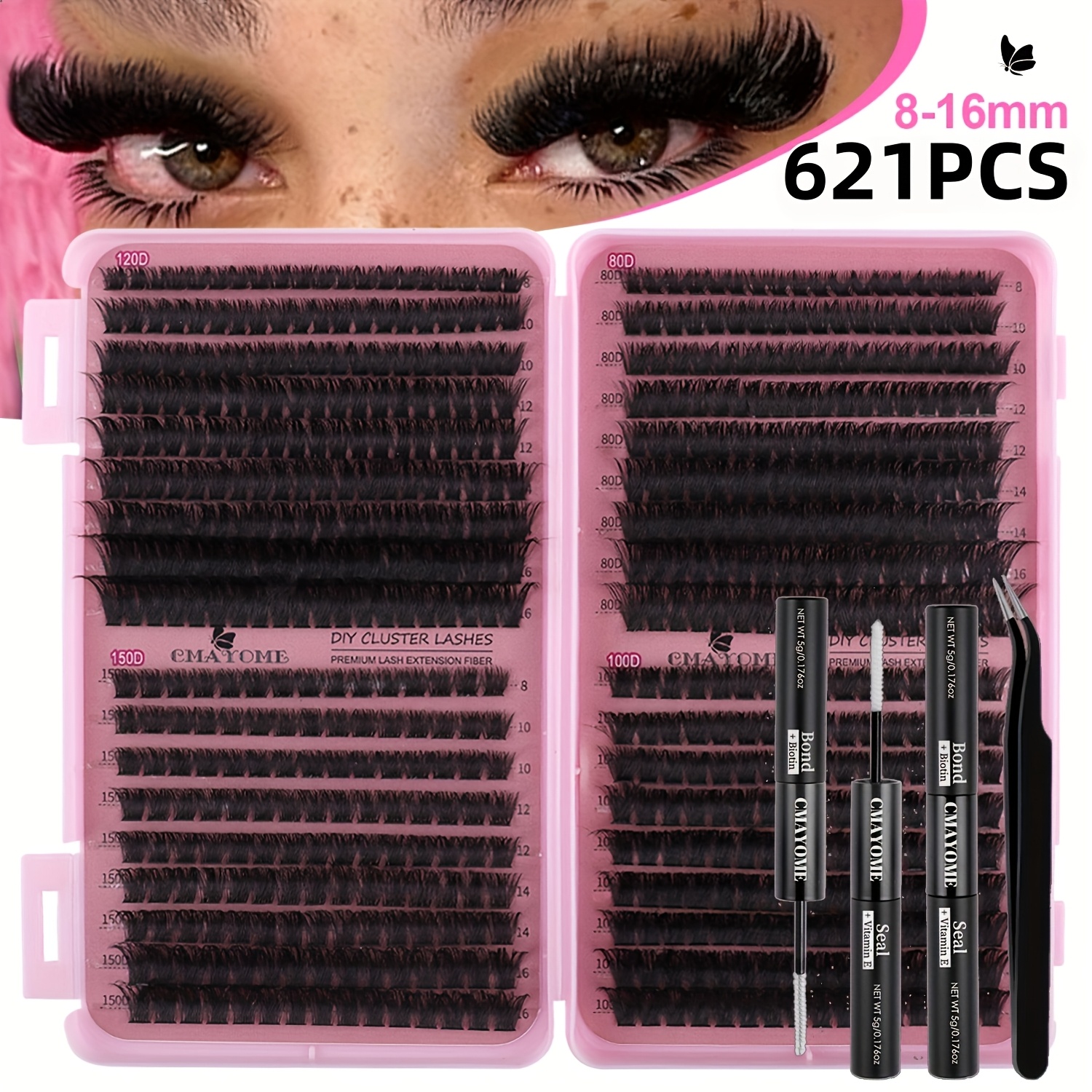 100d Volume Fluffy Cat Eye Dd D Extra Thick Mixed Length 8-18mm Eyelash Extensions, Diy Reusable, For ,trave,set With Glue.