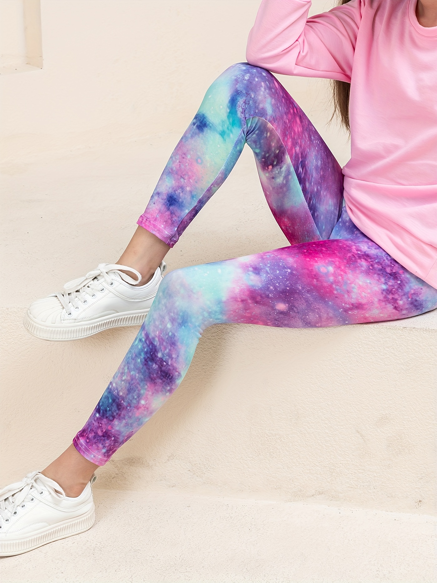 2pcs Print Leggings Galaxy Starry Sky Leggings with Pink  Blue/Purple/* Patterns, 7/8 Length Pants for Dance, Yoga, Soft Stretchy  Non-Sheer