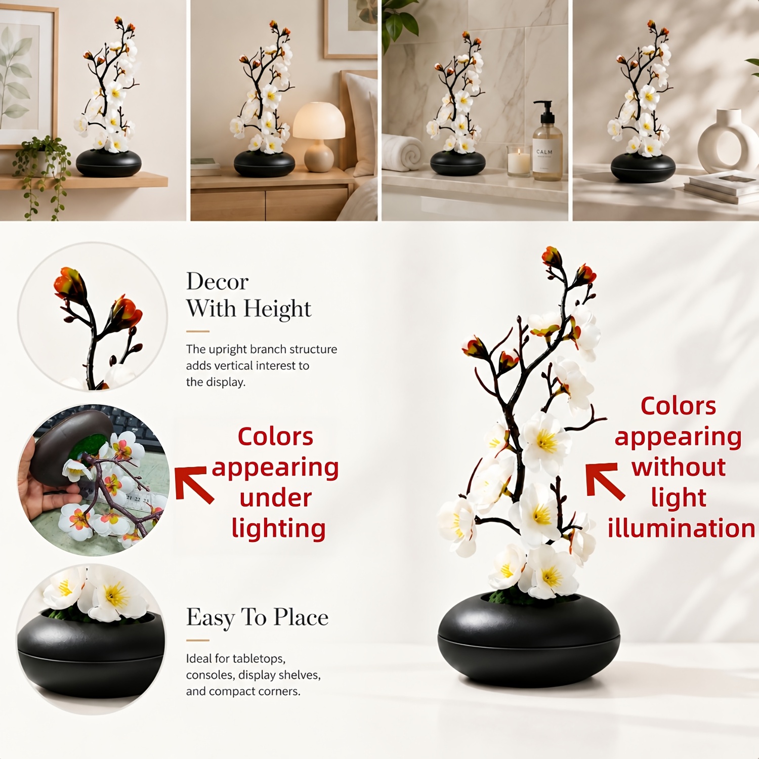 TEMU 1pc Ink-infused White Cherry Bonsai, With Black Oblong Pot/container Included, Festive Decoration Artificial Flower, Suitable For Home Decor,