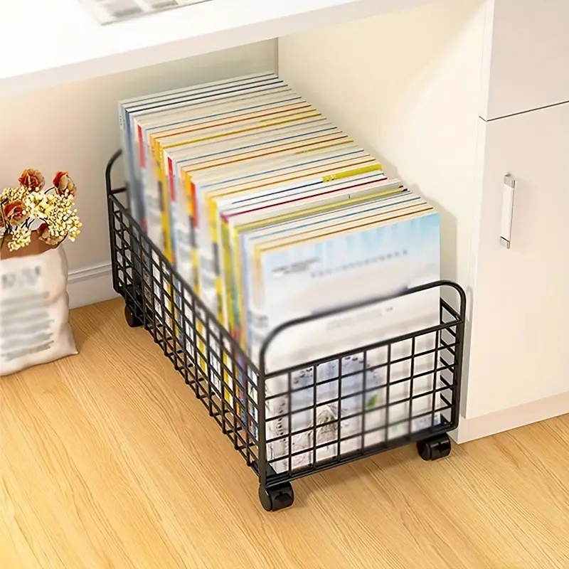 durable metal bookshelf with storage basket and wheels stackable space saving organizer for office living room classroom or reception black white 38 0cm x 24 0cm x 21 01cm suitable for easy to assemble classroom storage stackable design metal structure bookcase Product details 2