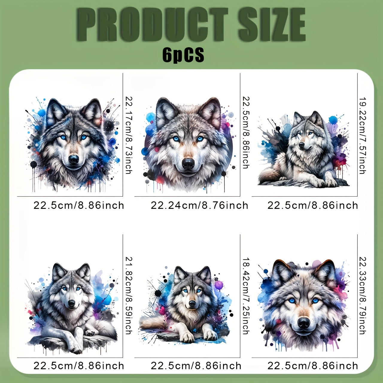 TEMU 6 pièces/set Autocollants DTF à Repasser DIY Motif Loup Designs Lavables Décalcomanies Prêtes à Presser Patch pour Vêtements Masque Jeans Sac à