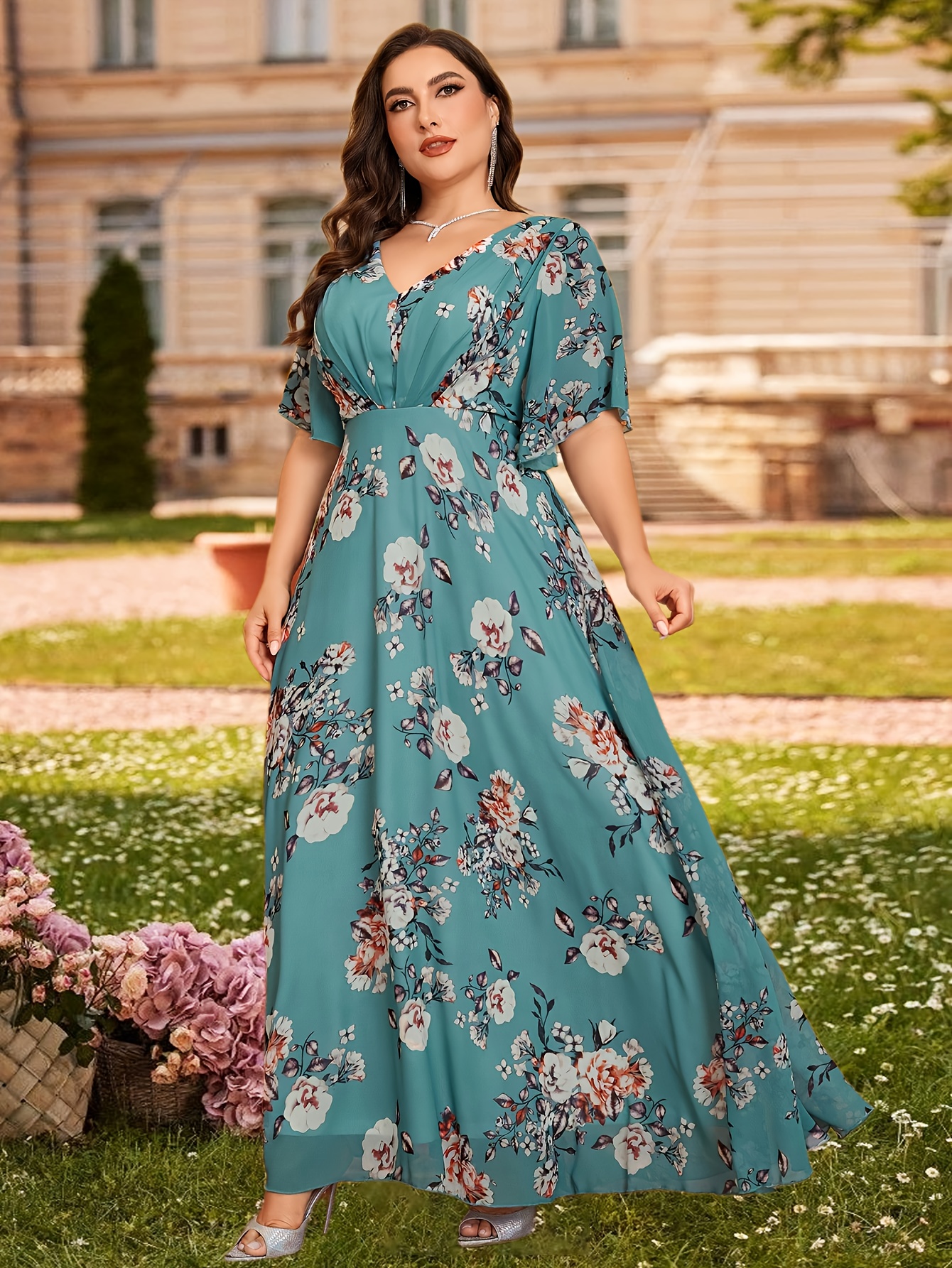 elegant v neck ruffle sleeve floral chiffon gown extra long Temu