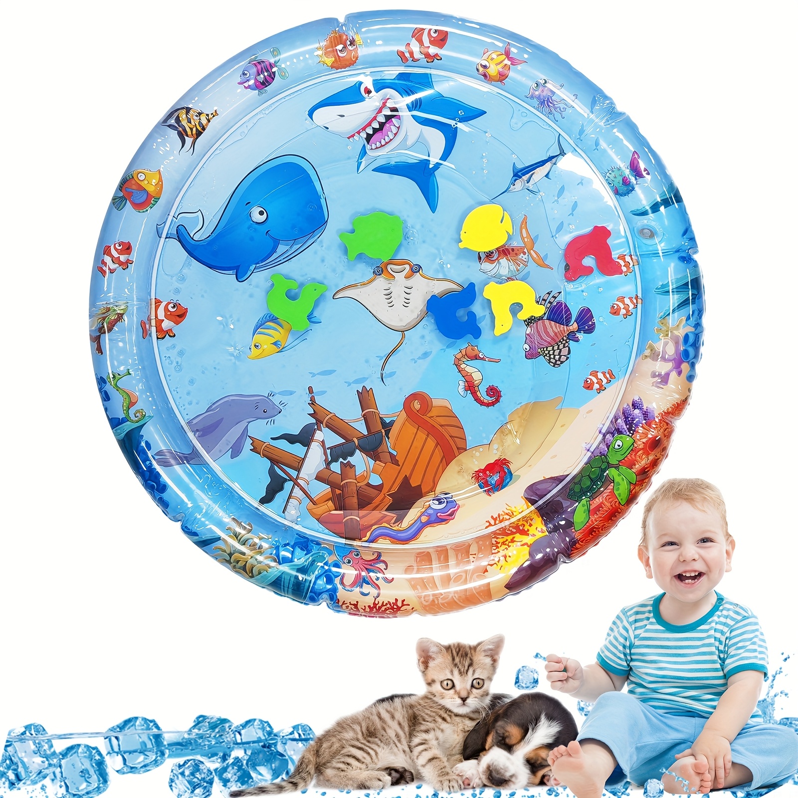   thickened water sensory play mat for cats small dogs round ocean themed design with   print stain resistant plastic cat fish game pad for indoor fun