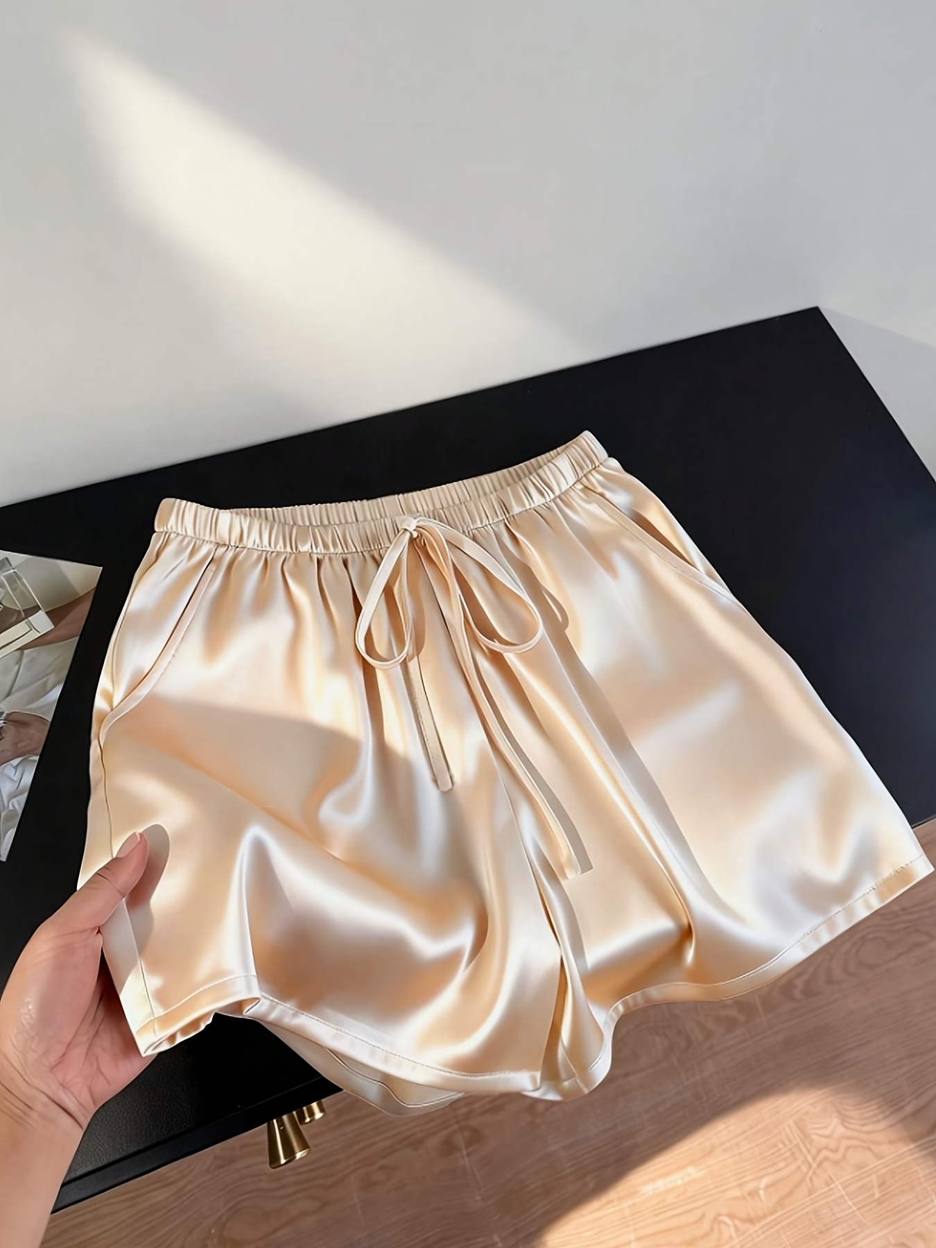 pantalones cortos de mujer elegantes casuales de   con bolsillo, cintura   y cordones, ropa de mujer elegante