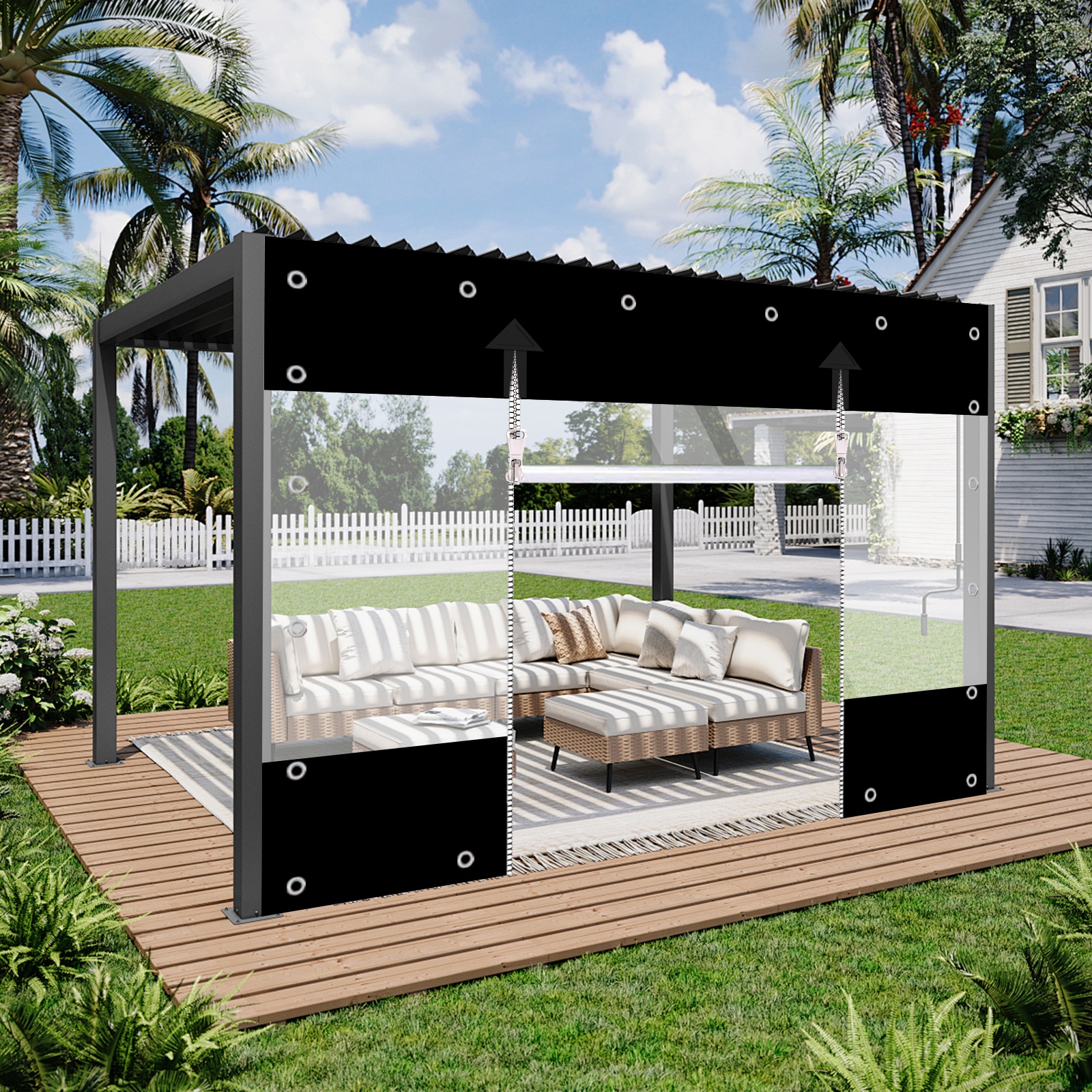 Black & Clear Transparent Pvc Outdoor Curtain For Pergola Gazebo Patio, Multiple Sizes Availabl, Soft Vinyl Side Panel With Double Opening And Metal Eyelets, Enclosure