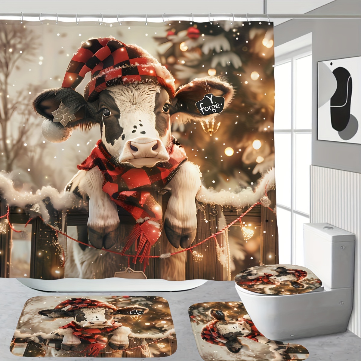 

Christmas Cow Shower Curtain Set: Includes 1/4 Pcs Decorative Shower Curtain, Carpet, And Lid 12 Plastic - 180*180cm