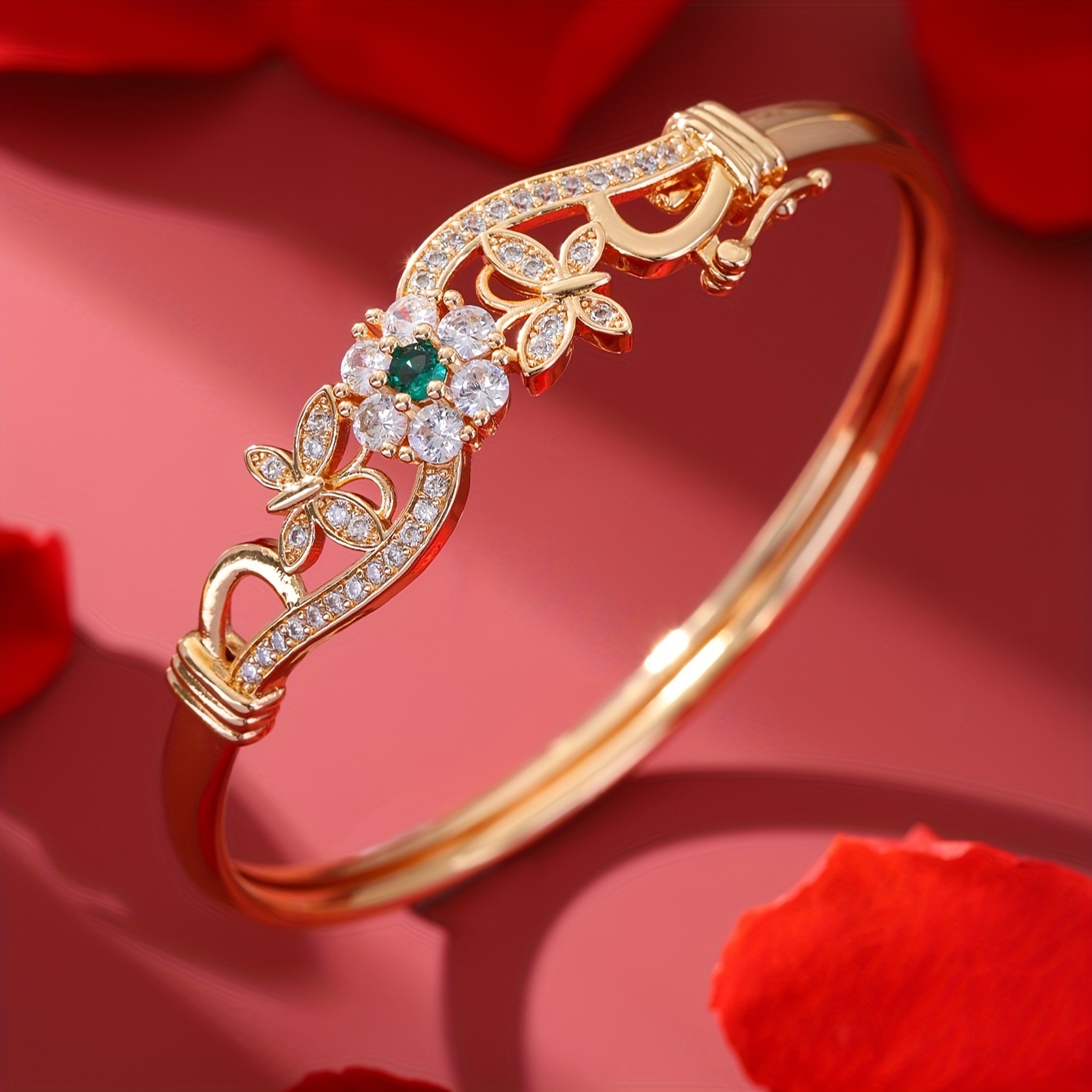 Golden Tone Butterfly Bangle Bracelet with Zirconia & Floral